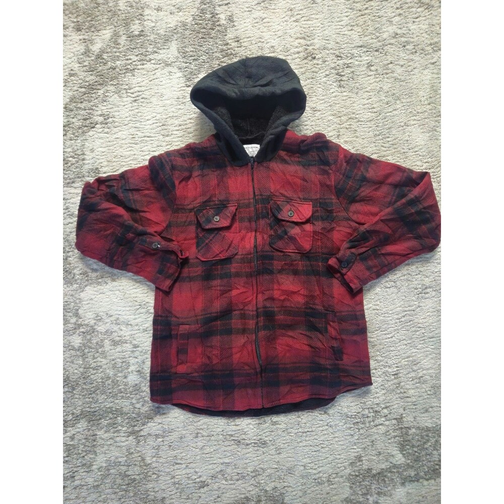 Distortion Mens Plaid Flannel Sherpa Lined Hoodie Red Size L Jacket